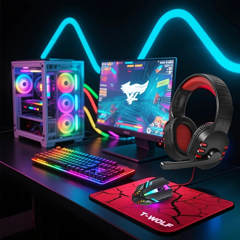 Gaming Keyboard Mouse And Headset Combo - Klawiatura gamingowa przewodowa 4-w-1 z myszką,